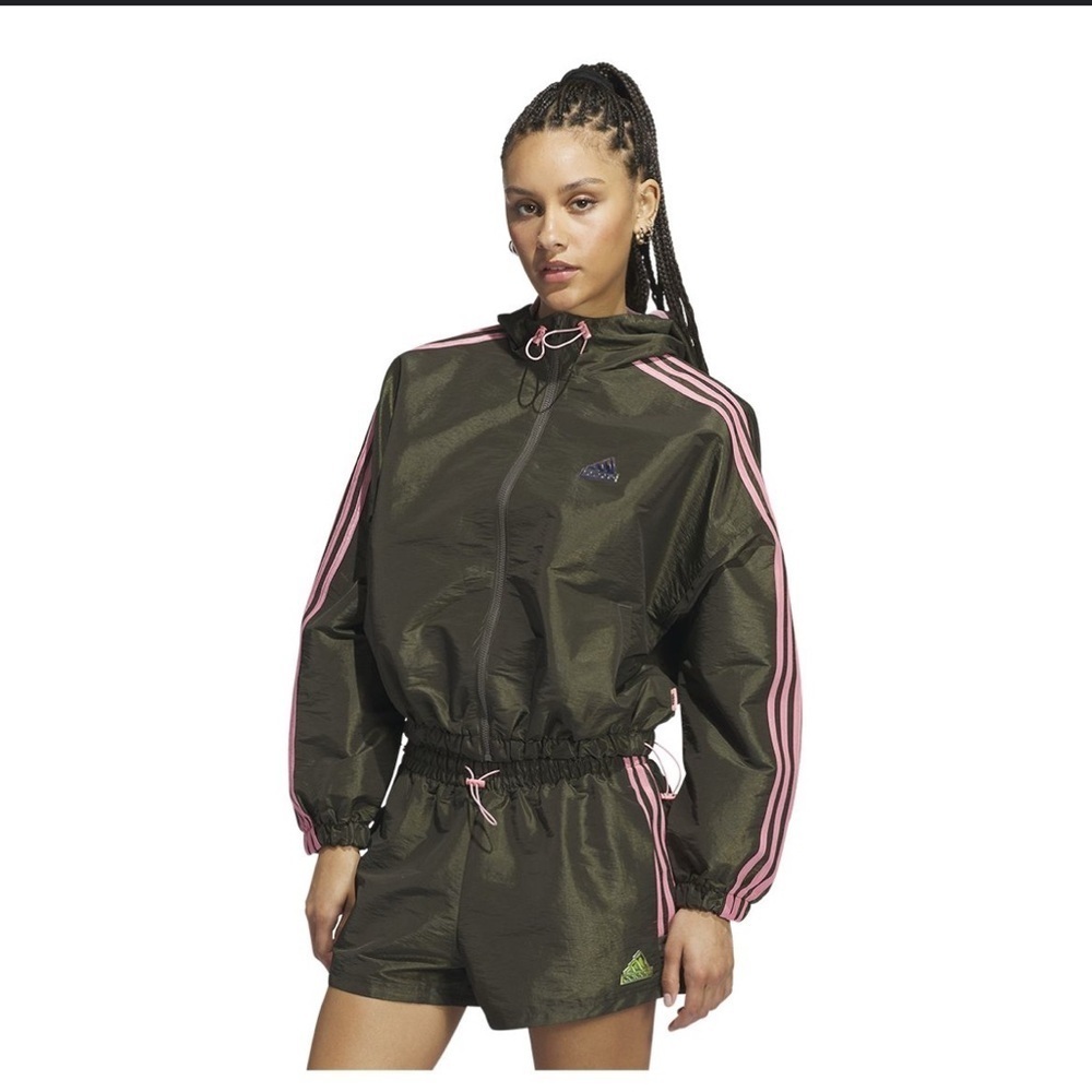 Adidas Women's Green Jacket with Pink Stripes